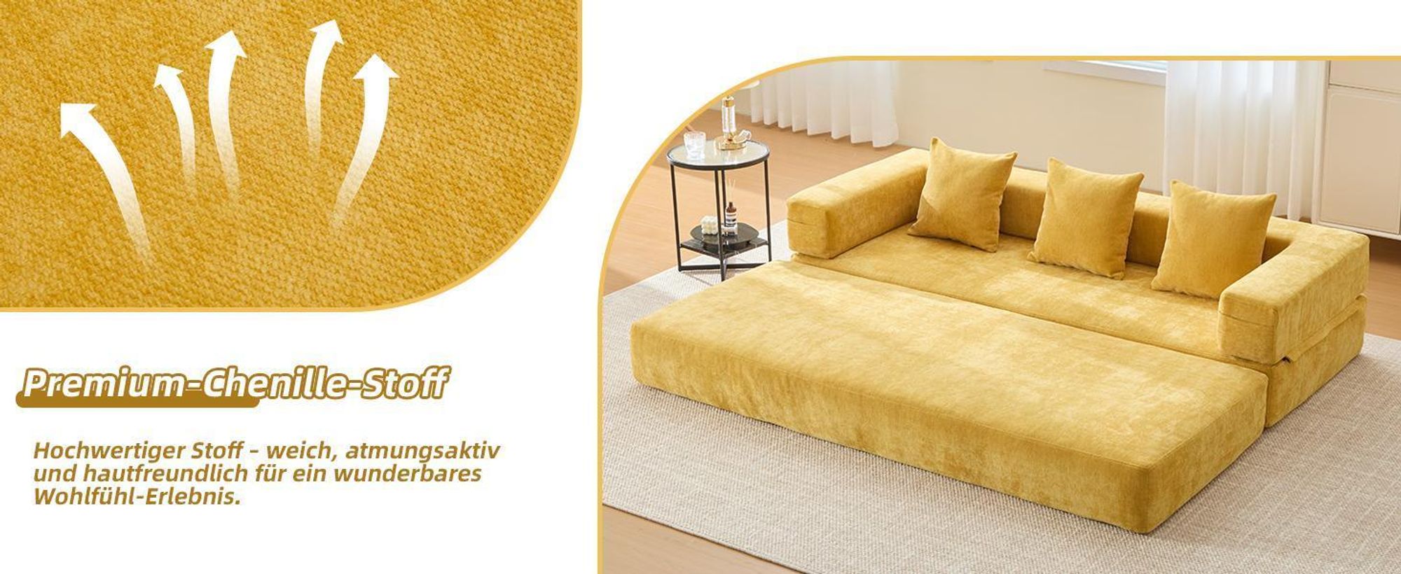 LVHOM Modulares Schlafsofa aus Chenille, Klappbares Bodensofa mit Seitentasche, Polstersofa Klappsofa Bettcouch 198x79/159cm, Beige