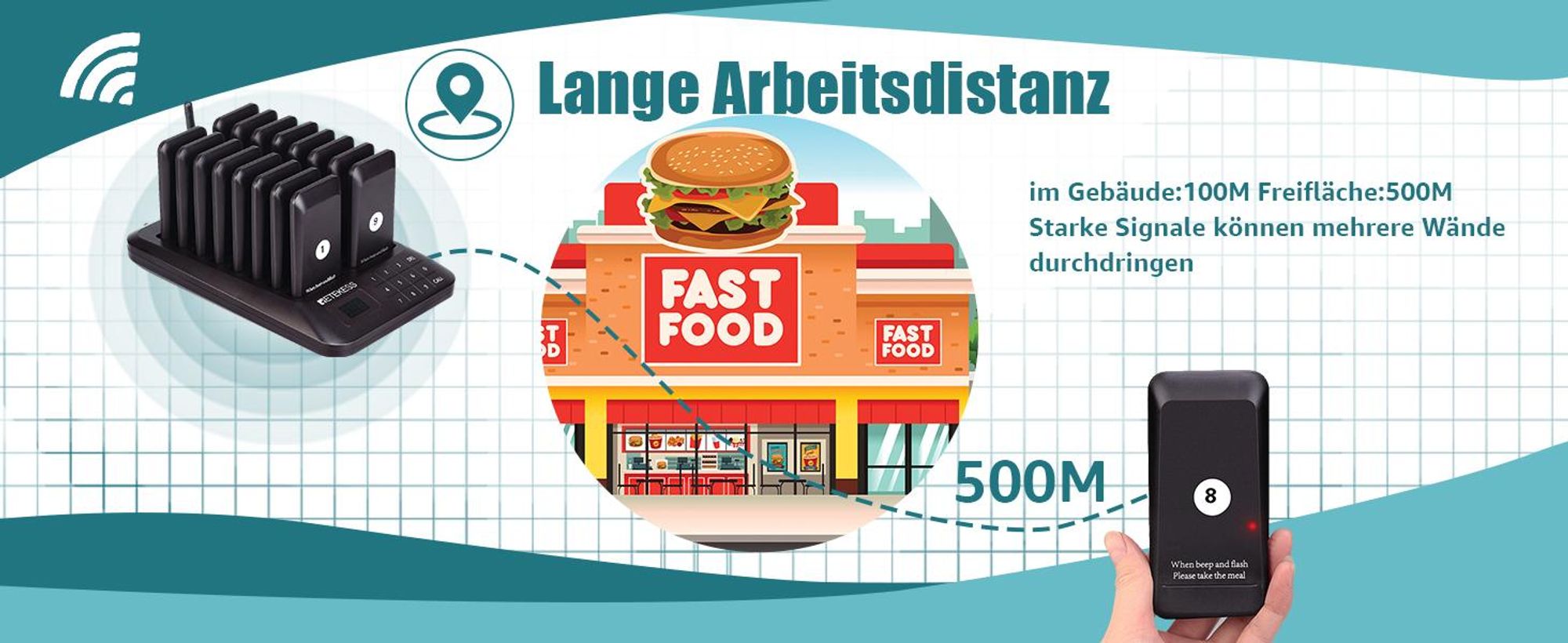 Retekess TD157 Restaurant Pager System, 16 Pagers, 500M Pager Rufsystem, 2 Rufmod, 24H, Pager Pieper für Food Court, Hotel, Café, Bar, 998 Kanäle