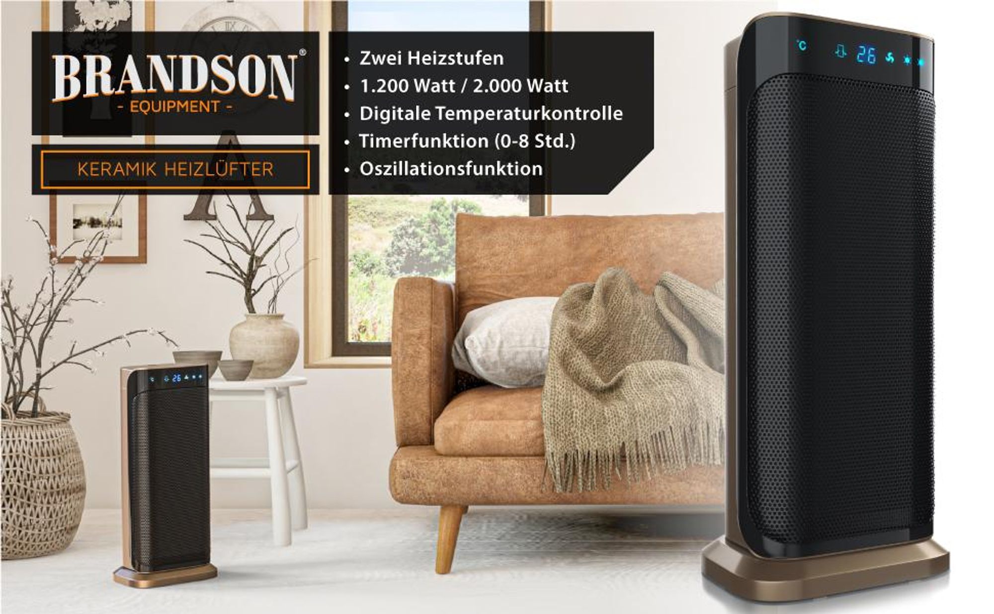Brandson Heizlüfter energiesparend, Keramik Heizlüfter, 2000W, 2 Leistungsstufen, Überhitzungsschutz, Automatische Abschaltung, Umkippschutz, Oszillation 35°, Champagner