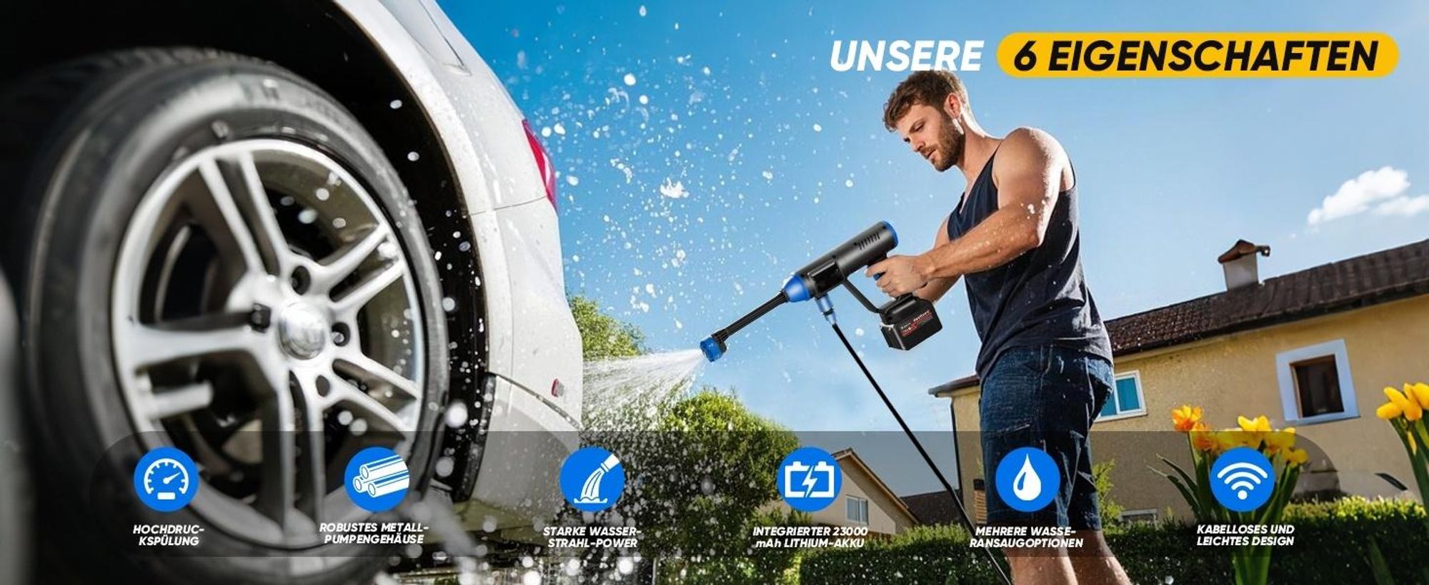 Auto Hochdruckreiniger, Tragbare Hochdruckauto-Waschmaschine, kabellose Akku Hochdruckreiniger, 6-in-1-Düse |10-Gang-Einstellung für /Zäune/Einfahrten