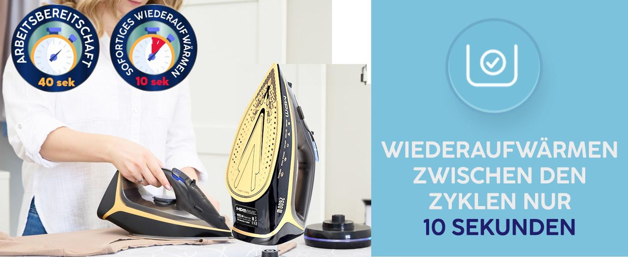 MPM MZE-26 Kabelloses Dampfbügeleisen 2600W Keramiksohle 42 Dampfdüsen Anti-Drip Anti-Calc Self-Clean 300ml Wassertank Temperaturregelung