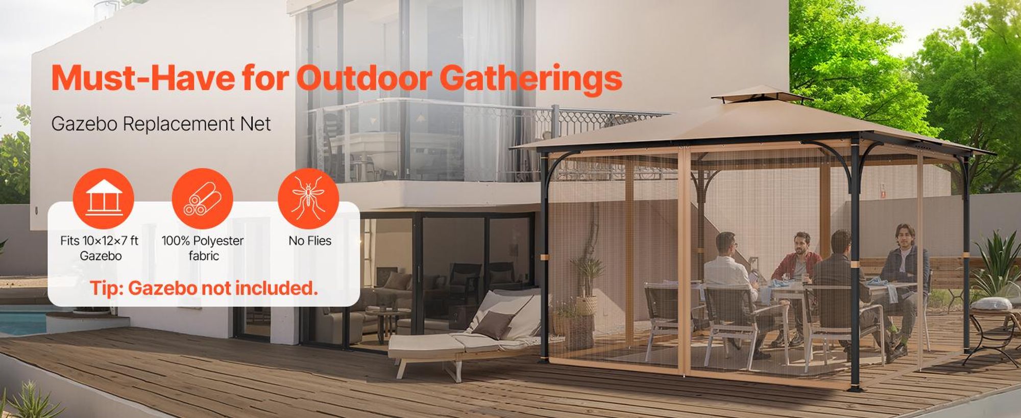 VEVOR Moskitonetz für Pavillon, Mückennetz passend für 304,8x365,8x213,4 cm große Pavillons, Insektennetz, 4-teiliger Seitenwand-Pavillonvorhang