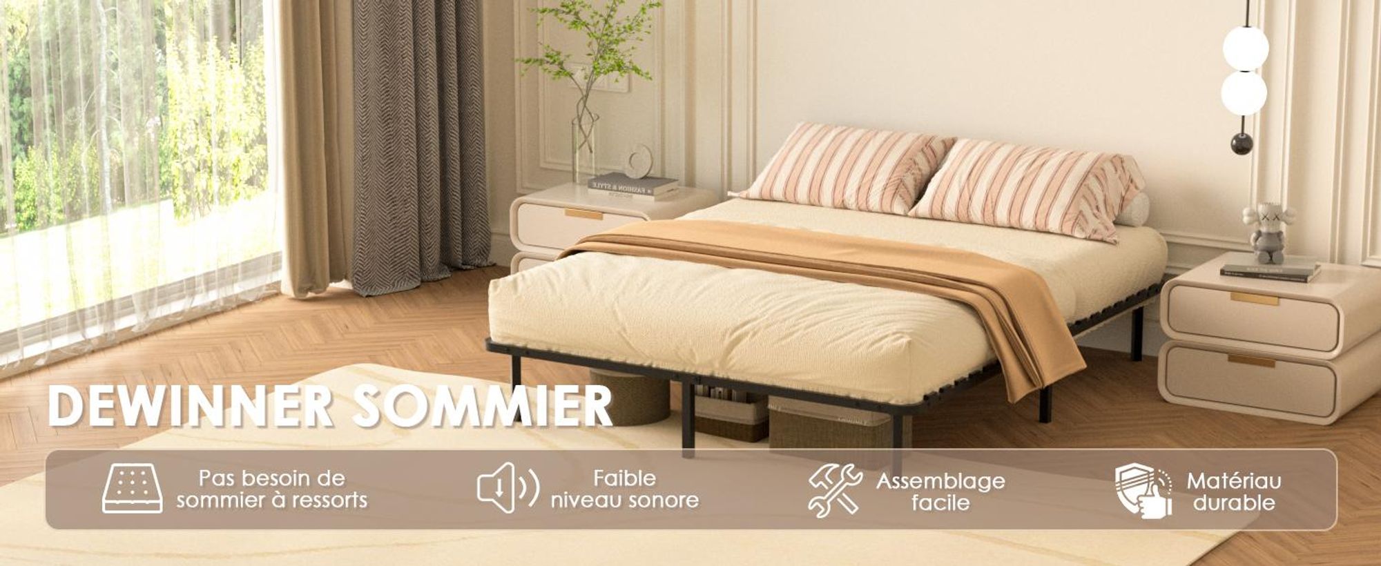 DEWINNER Sommier 90x190 | Sommiers à Lattes avec 6 Pieds pour Adulte | Cadre de Lit 90x190 avec Sommier | Hauteur du Cadre de Lit 29cm | 18 Lattes