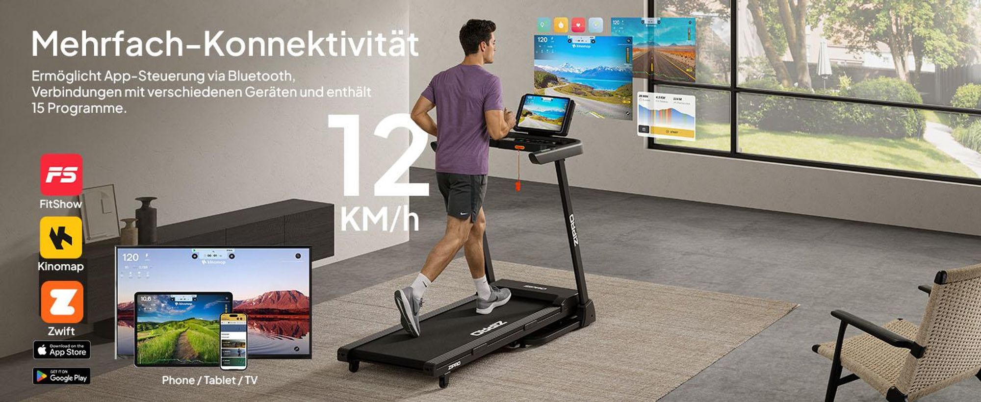 ZIPRO Luma Laufband Klappbar mit Steigung - Elektrisches Laufband für Zuhause 12km/h Heimtrainer Fitnessgerät Kinomap App Bluetooth