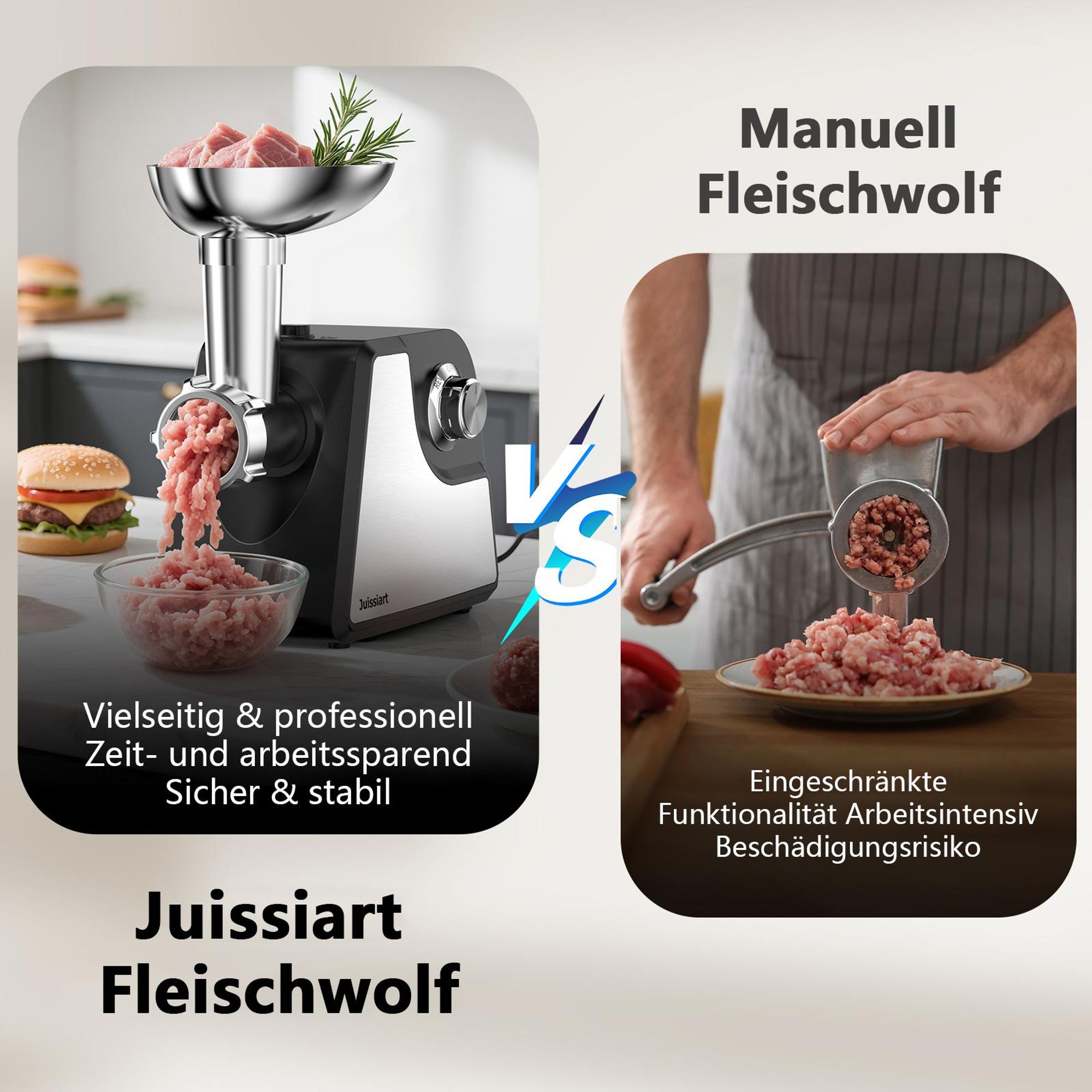 Juissiart MG4150R Elektrischer Fleischwolf - 300W Leistung 1.2KG/Min Fleischausbeute Klingenmaterial 420 pulvermetallurgischer Stahl - Schwarz