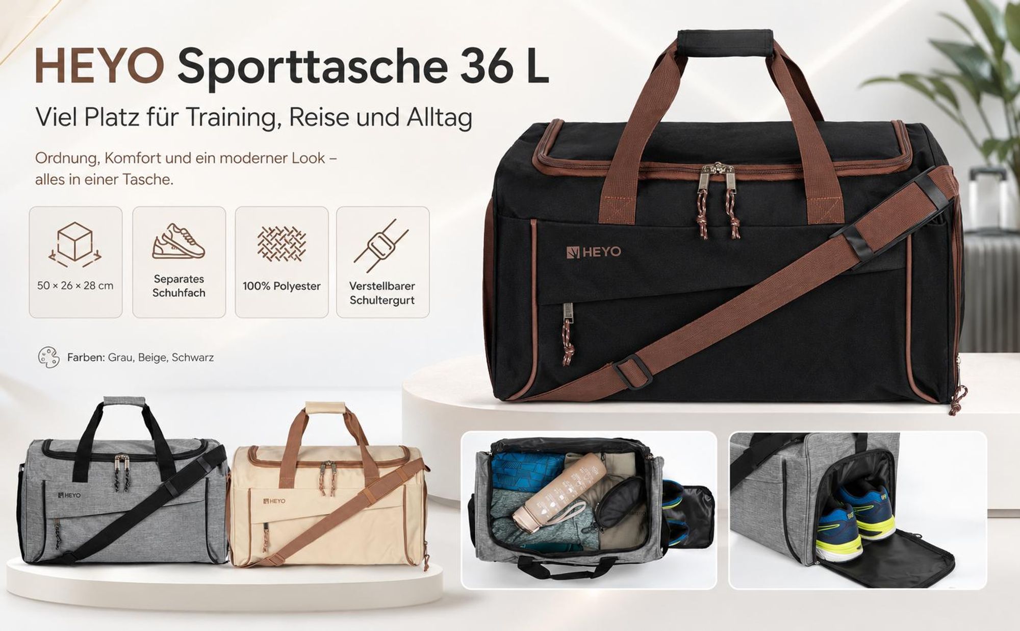 HEYO Sporttasche Unisex Reisetasche Schuhfach 36L 50x26x28cm Beige