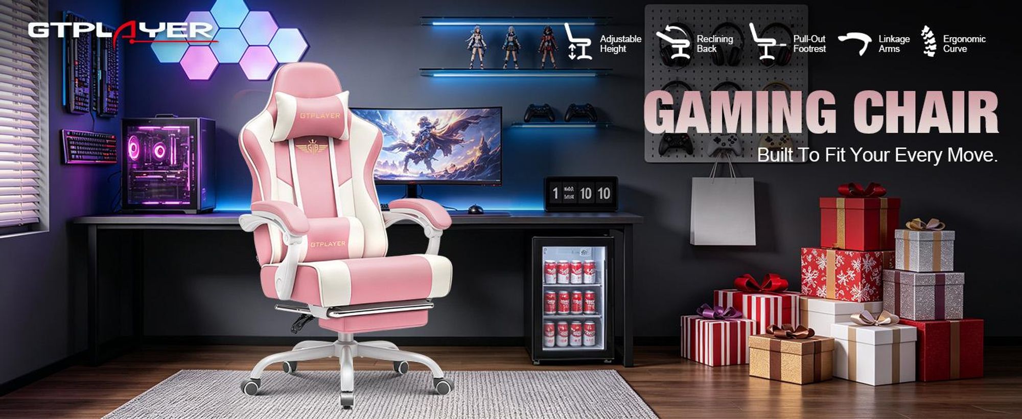 Sedia da gaming GTPLAYER - Sedia da gaming ergonomica con poggiapiedi, poggiatesta e supporto lombare, regolabile in altezza, colore ROSA