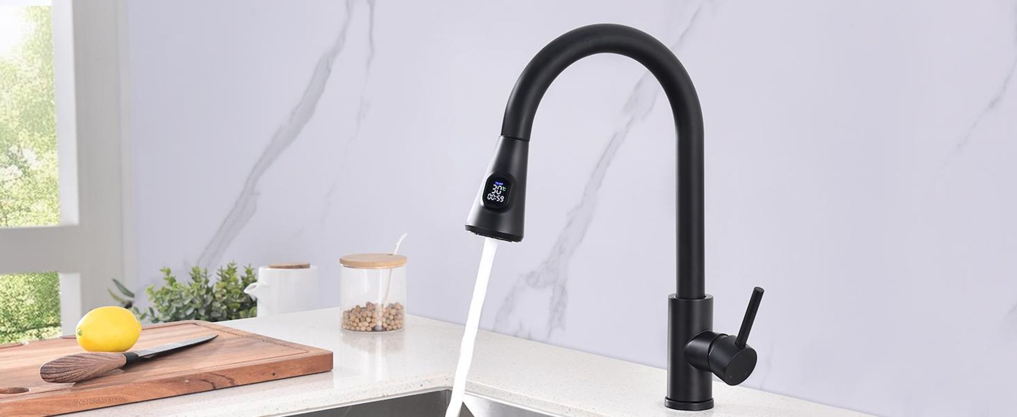 Homelody Wasserhahn Küche mit 2 Strahlarten,360° Drehbar Küchenarmatur,Edelstahl Spültischarmatur,Hochdruck Armatur,Mischbatterie Küche Schwarz