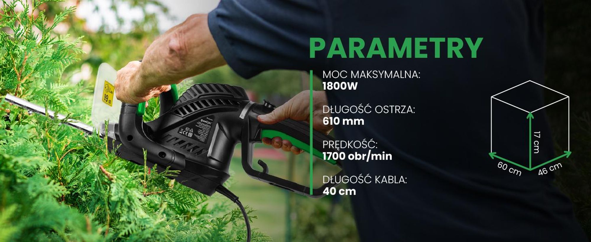 Elektryczne nożyce do żywopłotu o długości 61 cm i ochroną dłoni