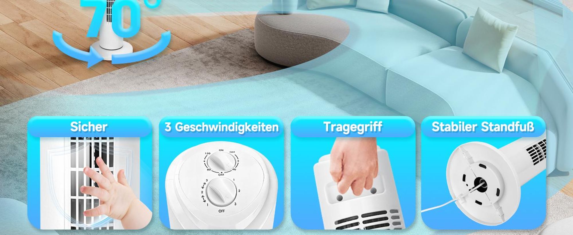 Aigostar Leiser Turmventilator 45W – Energiesparend, 3 Stufen, 70° Oszillation, 2H-Timer
