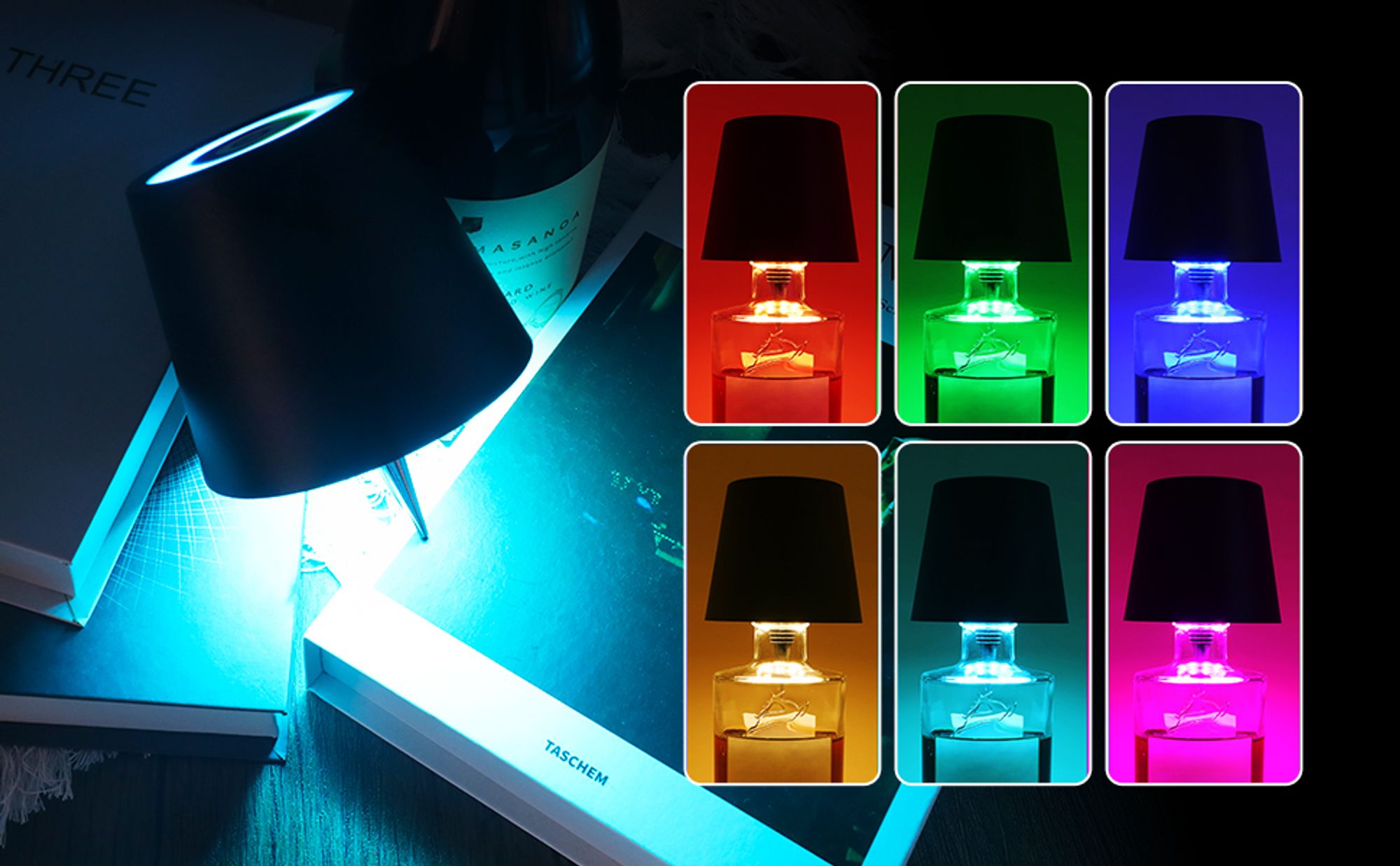 Tragbare kabellose Weinflaschenlampe, RGB-Modus einstellbar, LED-Schreibtischlampe, kabellose dimmbare LED-Tischleuchte, USB wiederaufladbar, schwarz