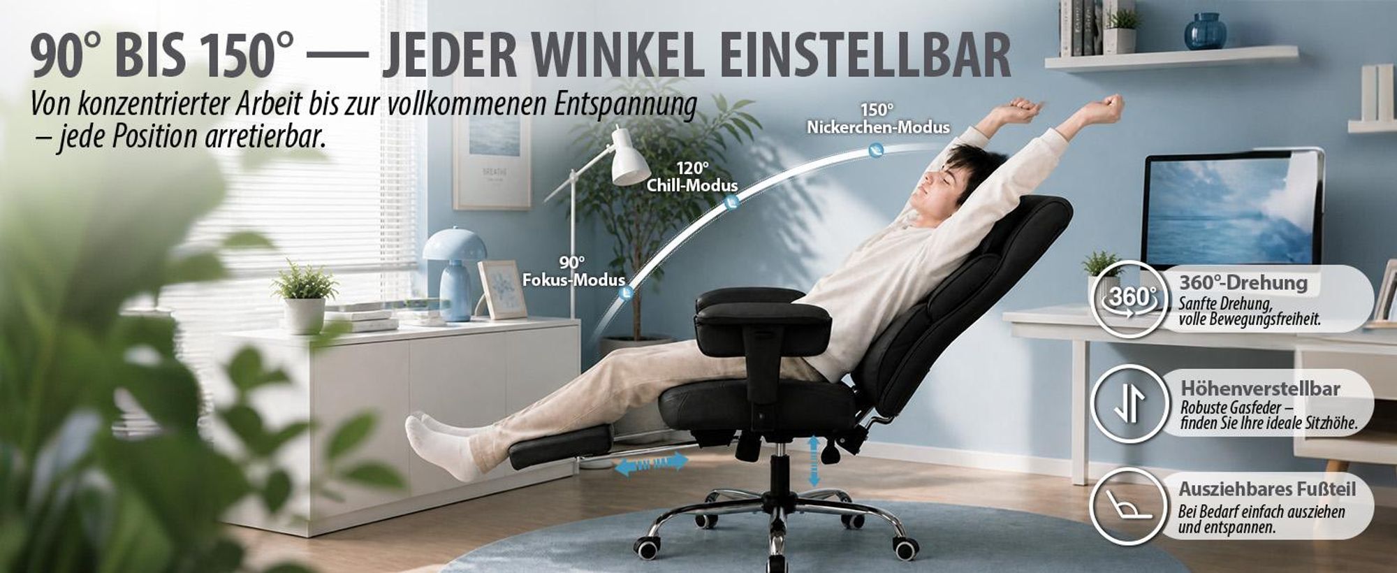 Chaise de gaming GTPLAYER, chaise de bureau ergonomique avec repose-tête réglable, support lombaire large, assise de 54 cm de largeur, inclinable de 90° à 150°, capacité de charge de 180 kg