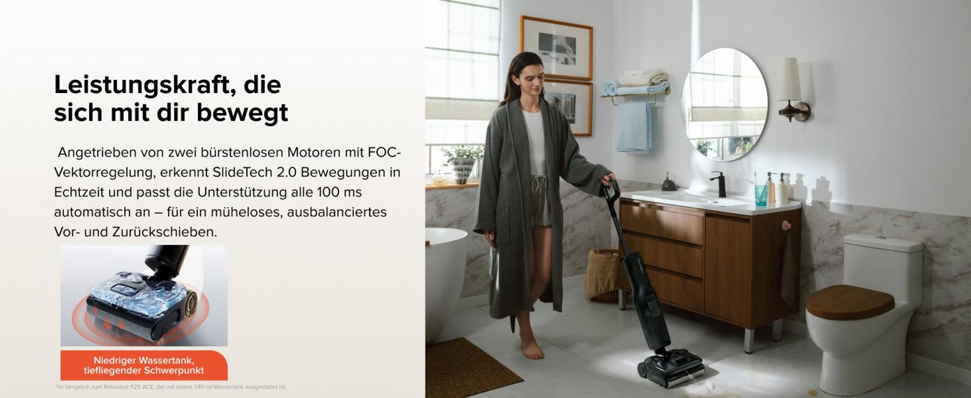 Roborock F25 ACE Pro Nass Trockensauger, 25000Pa, JetFoaming gegen Flecken, Anti-Haar-Verwicklung, 180° Flach-Design, Heißwasser-Selbstreinigung