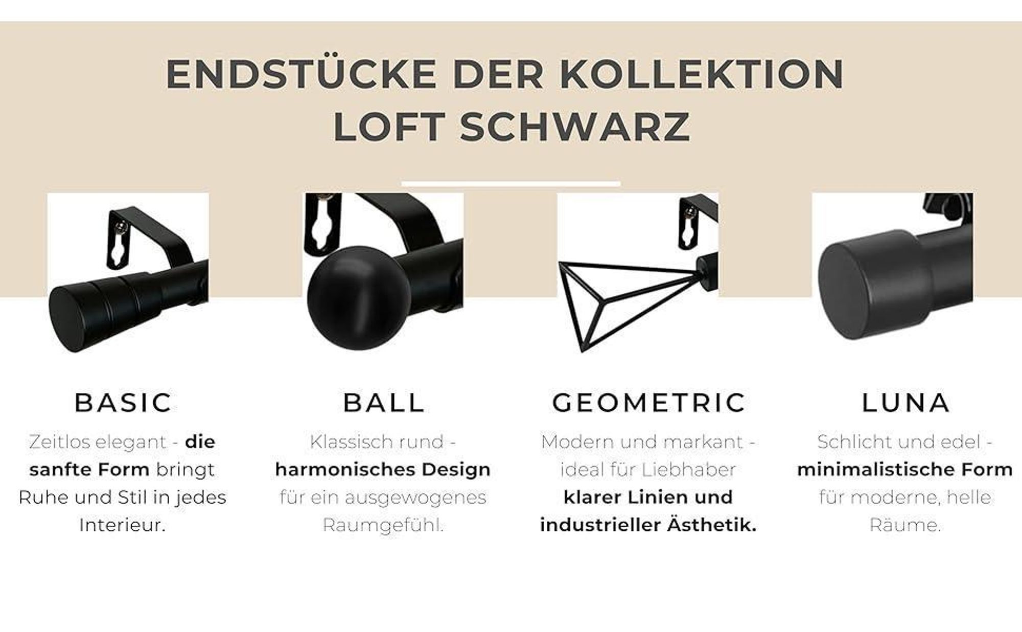 LOFT 140 cm Doppelte Gardinenstange Schwarz 19 mm aus Metall mit Endstück Basic Komplettset mit Ringen und Clips Inklusive Montagezubehörset