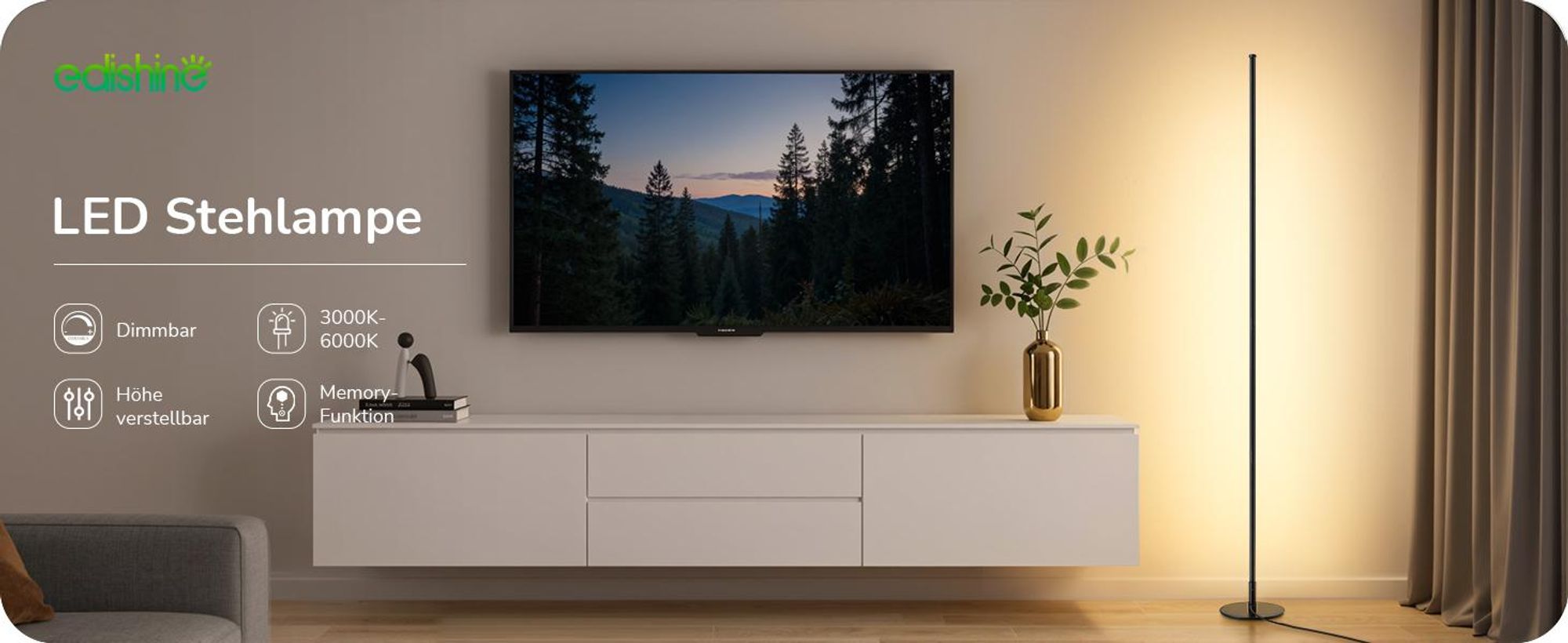 EDISHINE Stehlampe Wohnzimmer Schwarz, LED Stehleuchte mit 3 Farbtemperaturen & stufenlos dimmbar, höhenverstellbar 152 cm, Ecklampe für Schlafzimmer