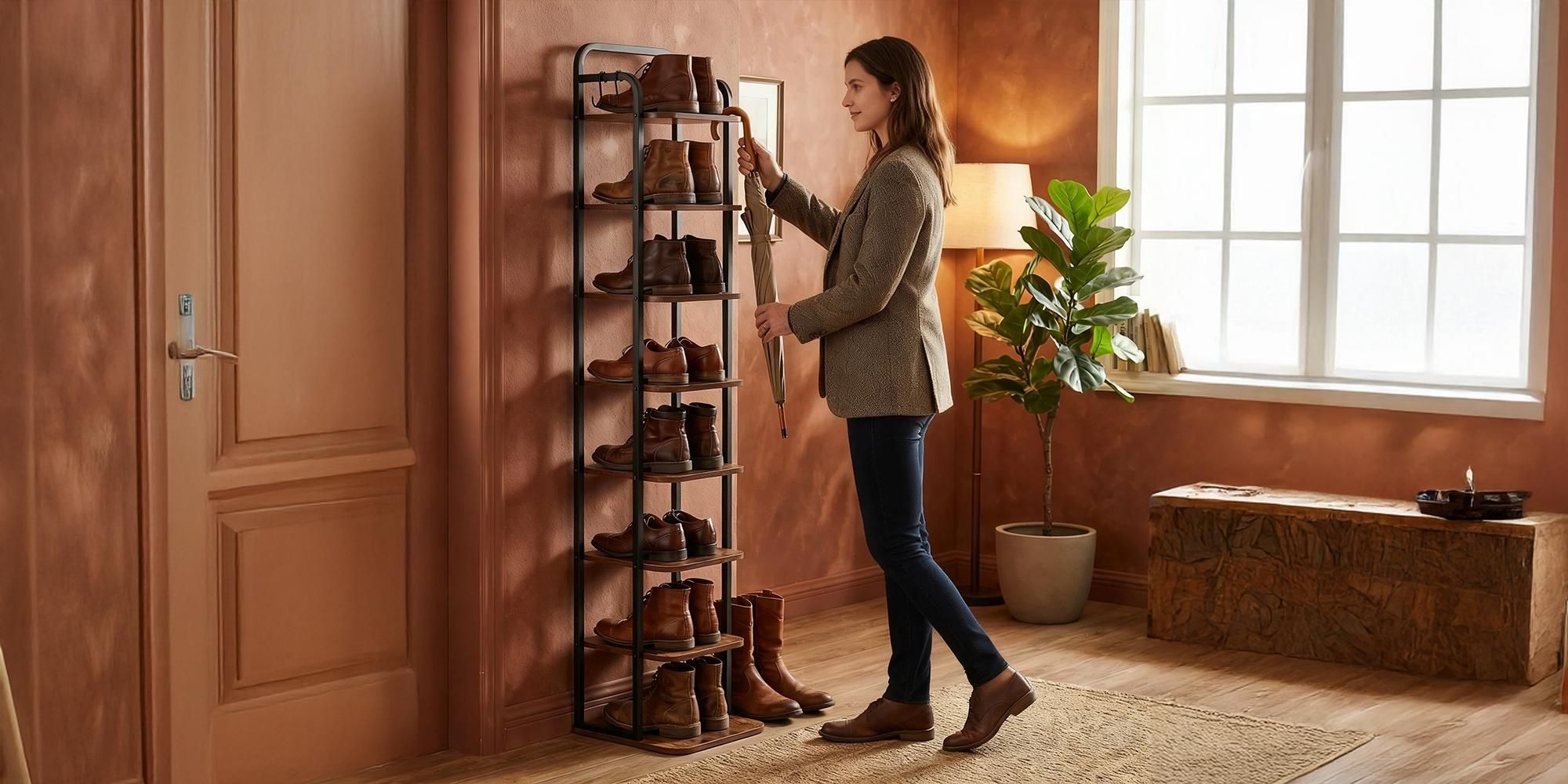 Vertikales Schuhregal, 8-Stöckig, Platzsparend, Braun und Schwarz | Schuhturm für Kleine Räume, Freistehend, Verstellbar