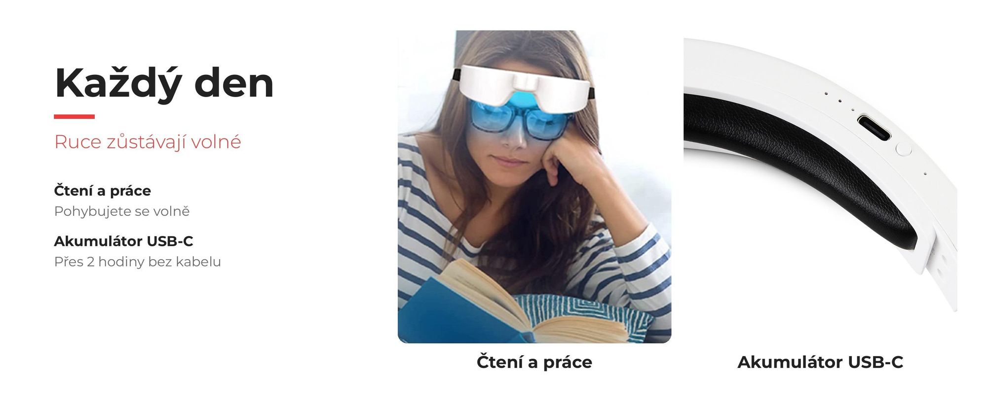 Žena čte s brýlemi pro světelnou terapii; akumulátor s konektorem USB-C