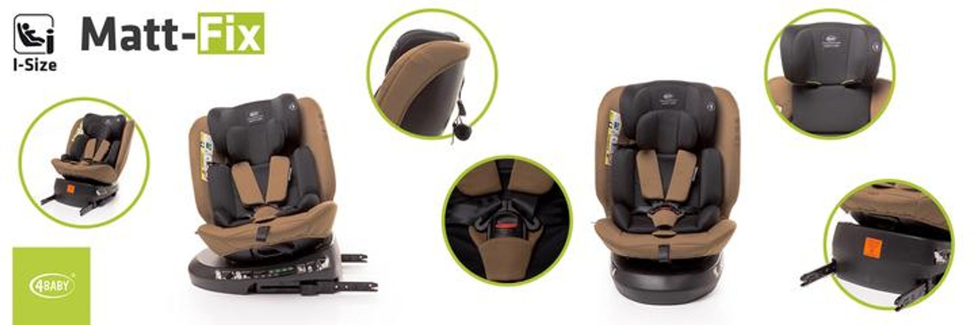 4BABY Kindersitz drehbar 360 ISOFIX Matt-Fix I-SIZE verstellbare Kopfstütze Sitz 0-36kg, 40-150 cm Mokka