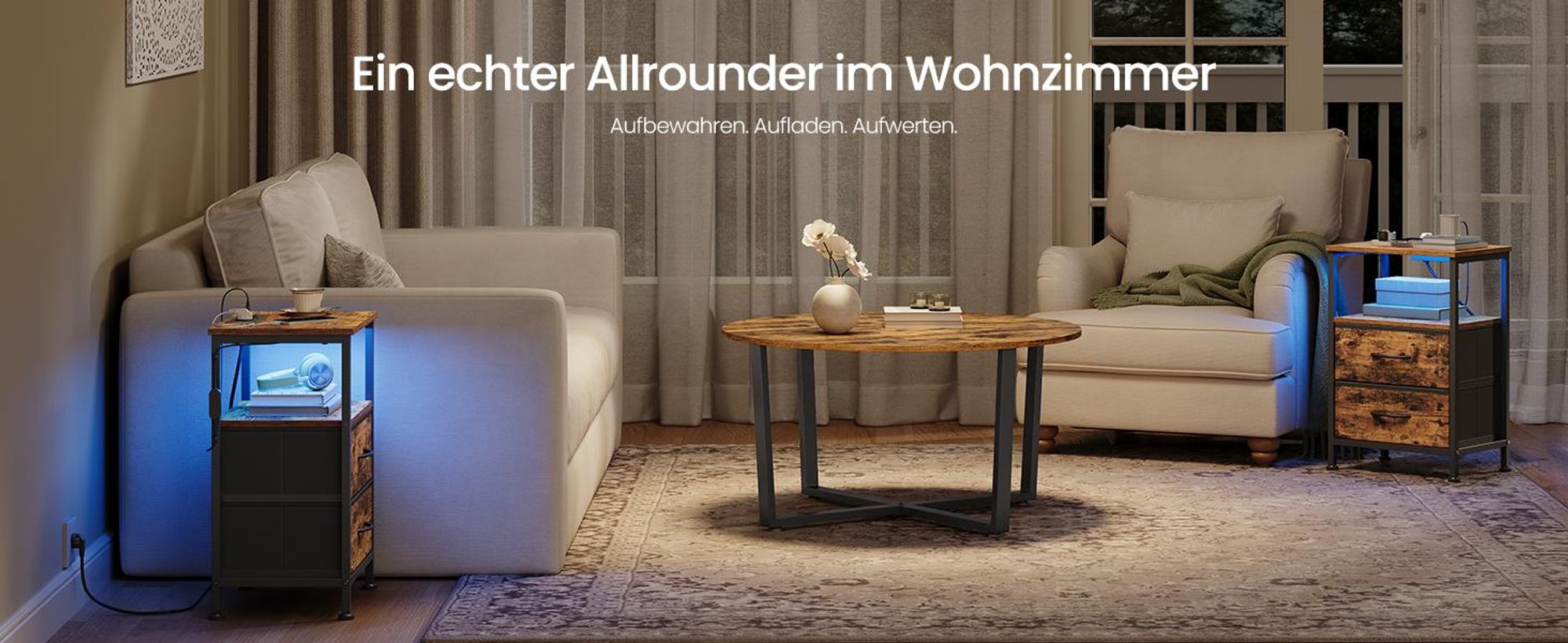SONGMICS Nachttisch mit LED-Beleuchtung und Ladestation, 2er Set, Nachttisch mit 2 Schubladen und offenem Fach, braun