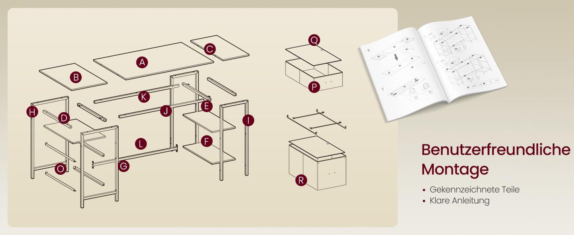 VASAGLE Schreibtisch mit 3 Ablagen, Bürotisch mit 2 Schubladen, 127 x 50 x 76 cm, moderner Stil, eichenfarben-weiß