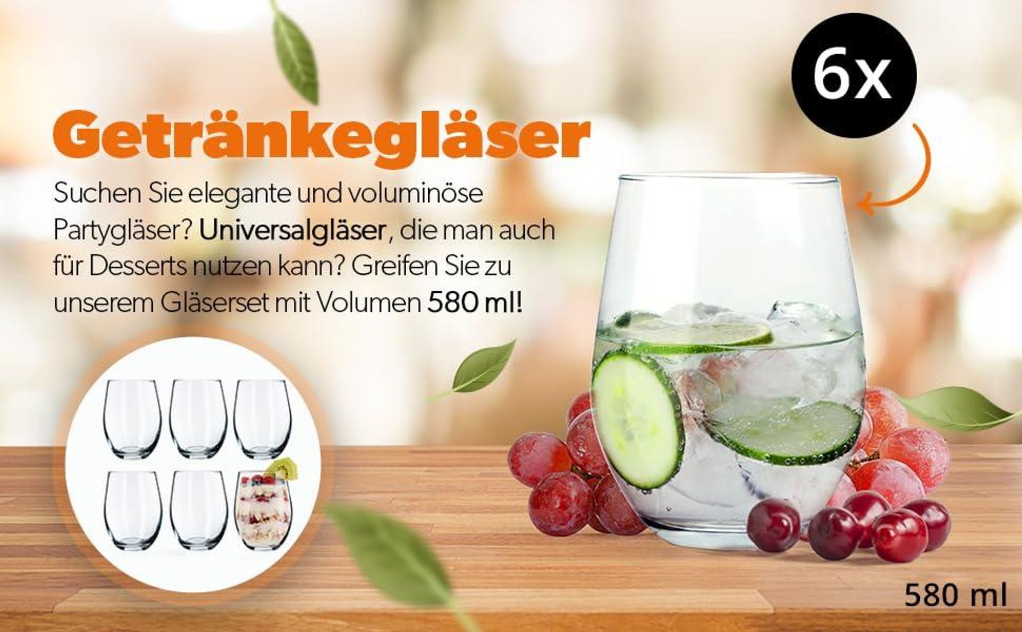 KADAX Wasser und Saftgläser "Stilo", Getränkegläser, 580ml, 6 Stück