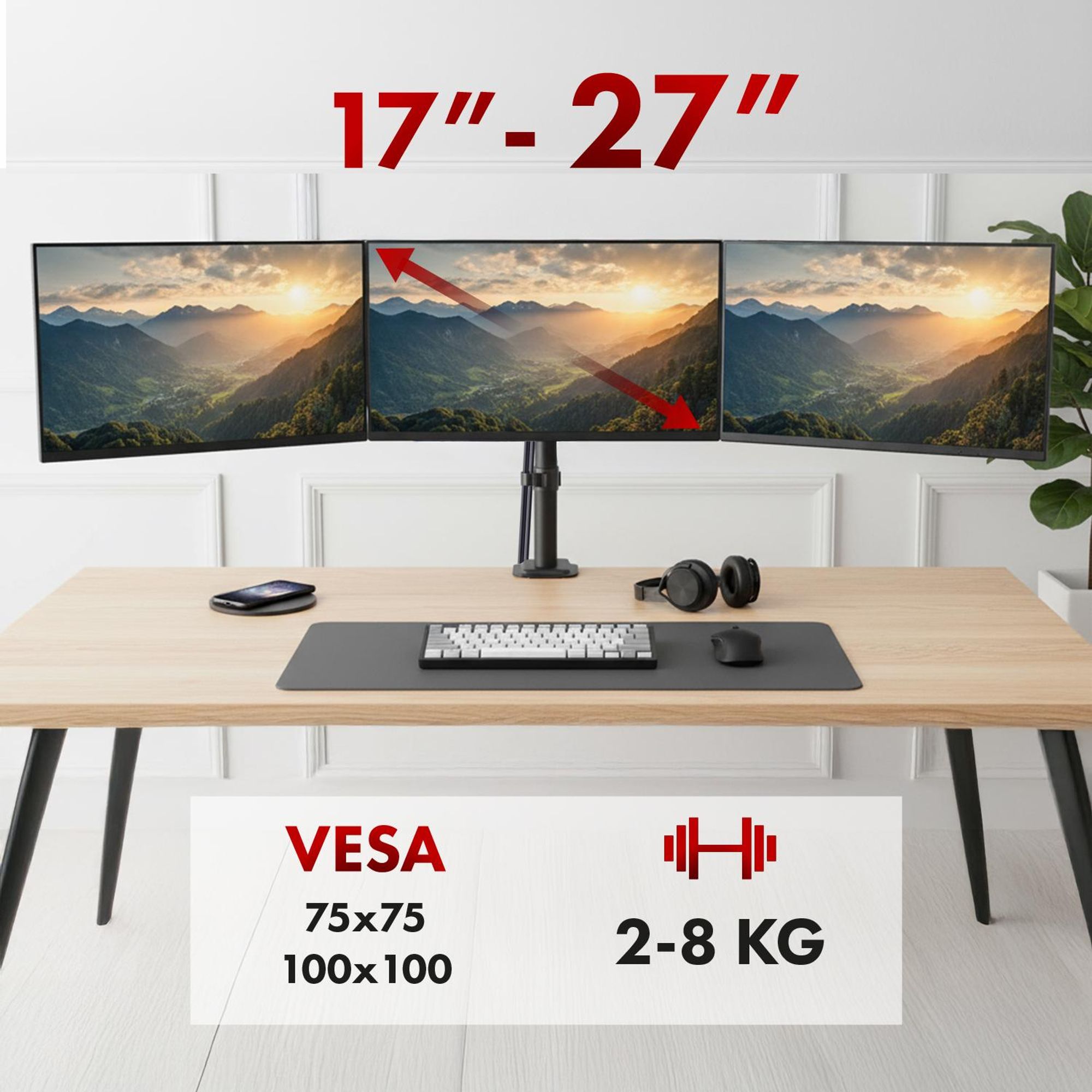 Halterung für 3 Maclean-Monitore Gasfeder 17"-27" 2-8kg schwarz MC-137