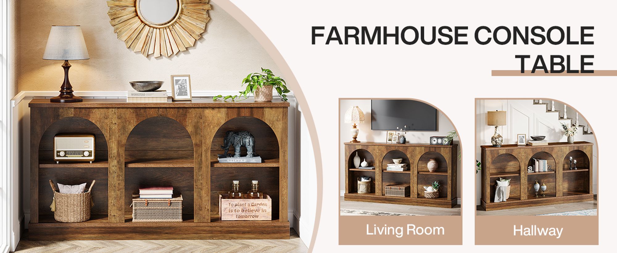 Tribesigns Farmhouse Konsolentisch, 160 cm langer Eingangstisch , rechteckiger Sofatisch Holz hinter der Couch, für Eingang, Flur, Wohnzimmer, Braun