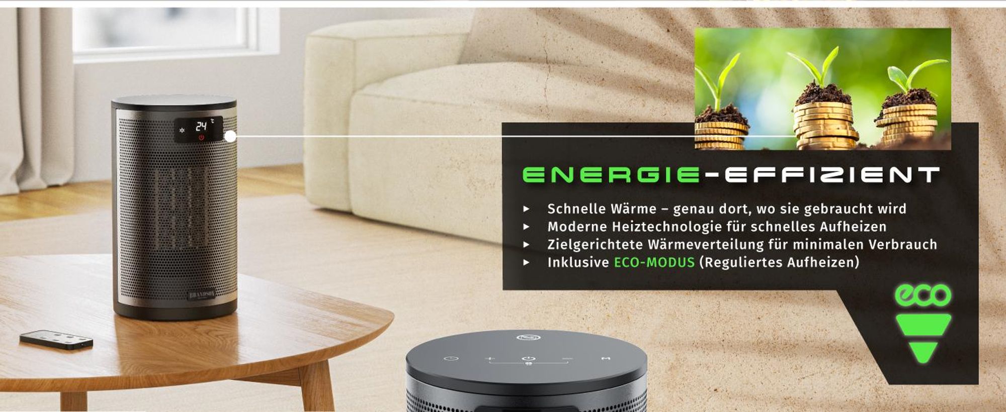 Brandson Heizlüfter energiesparend, Keramik Heizgerät, ECO‑Modus, Fernbedienung, 1500 W, Preisträger 2025, Timer, 15–35°C, Tastensperre, Überhitzungsschutz