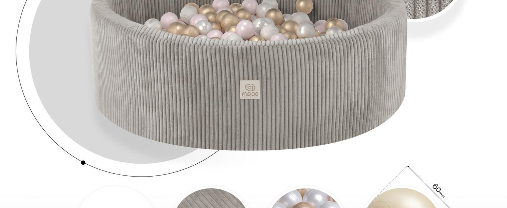 MISIOO Bällebad mit Schaumstoff-Füllung - 90x30cm - 200 Bälle für Bällebad - Hochwertige Bällebad Bälle für Kinder - Sicheres Spielzeug - Beige