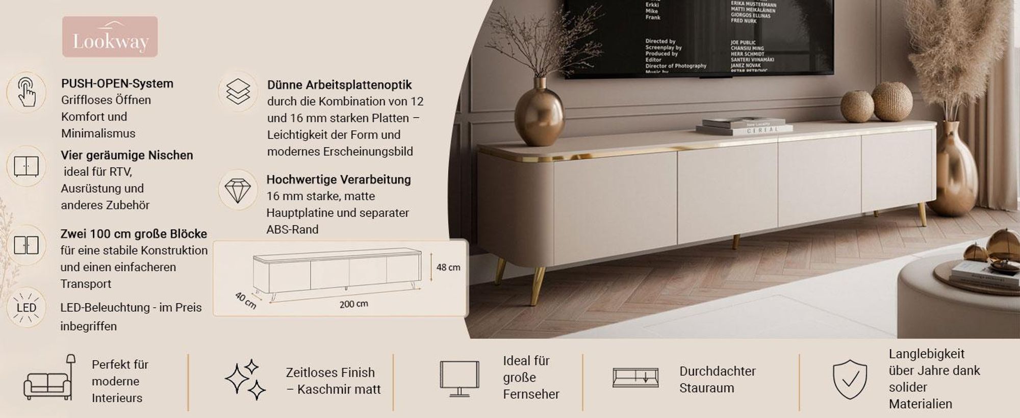 TV-Schrank AVELINE 200 cm mit LED-Beleuchtung