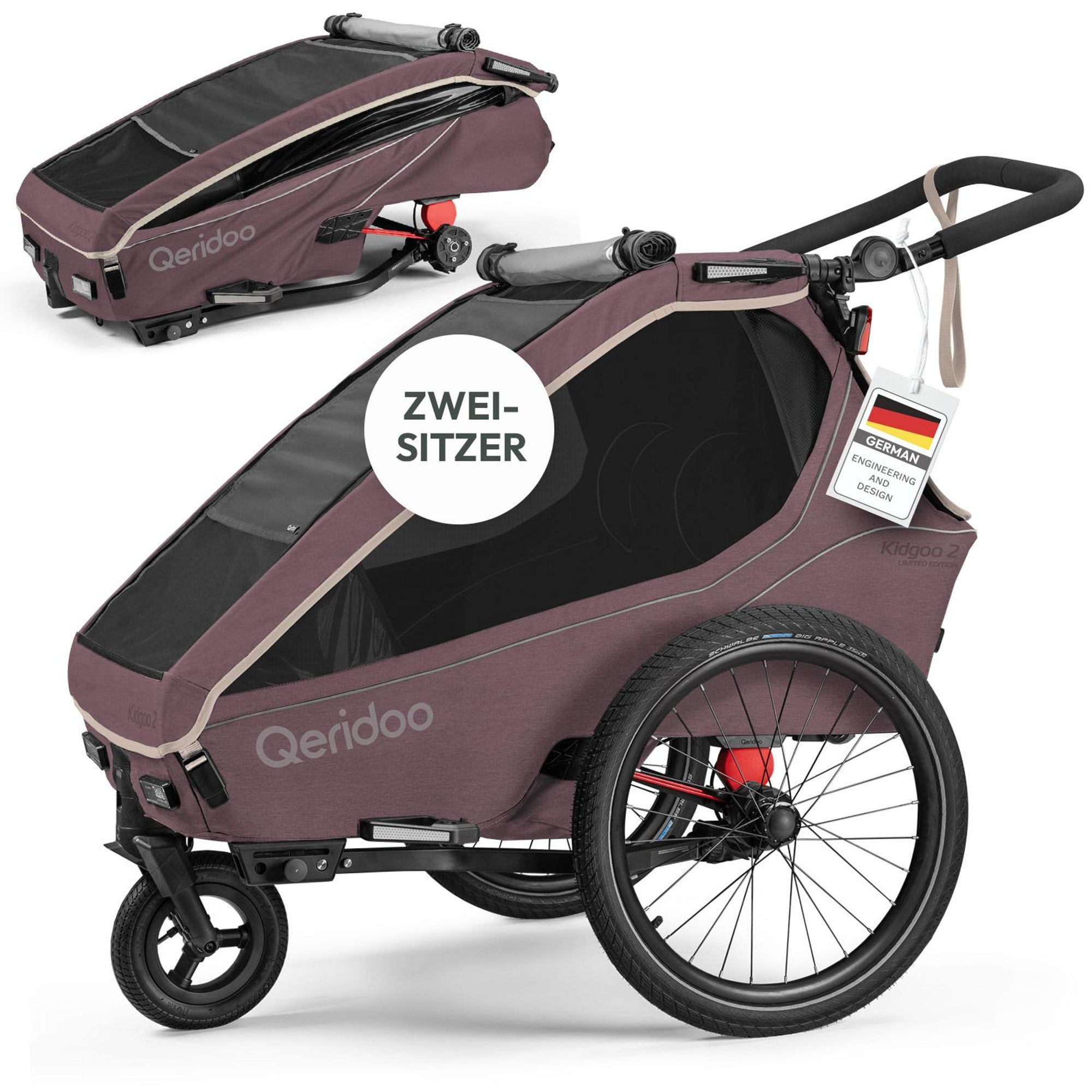 Qeridoo Kidgoo 2- Kinderfahrradanhänger für 2 Kinder, Farbe: Wildberry Violet
