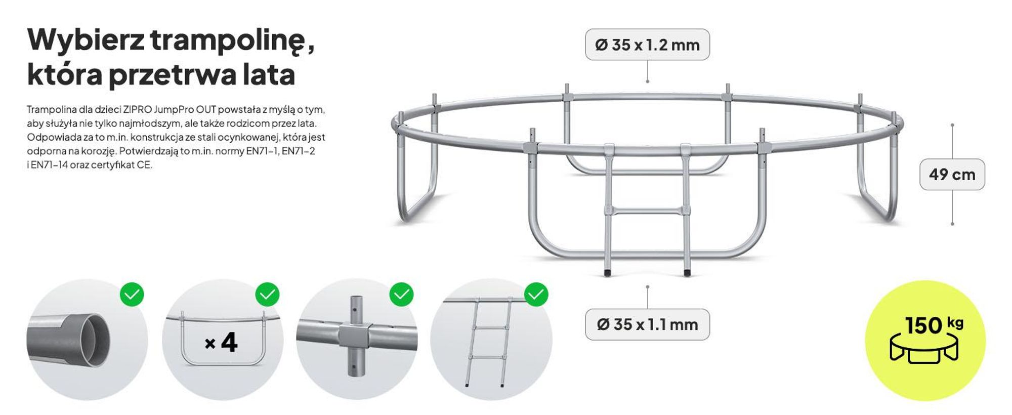 Trampolina ZIPRO Jump Pro Out | 8FT Ø 252 cm | Trampolina ogrodowa dla dzieci Kompletny zestaw zawierający siatkę zewnętrzną, drabinkę i osłonę krawędzi, do użytku na zewnątrz, kolor zielony