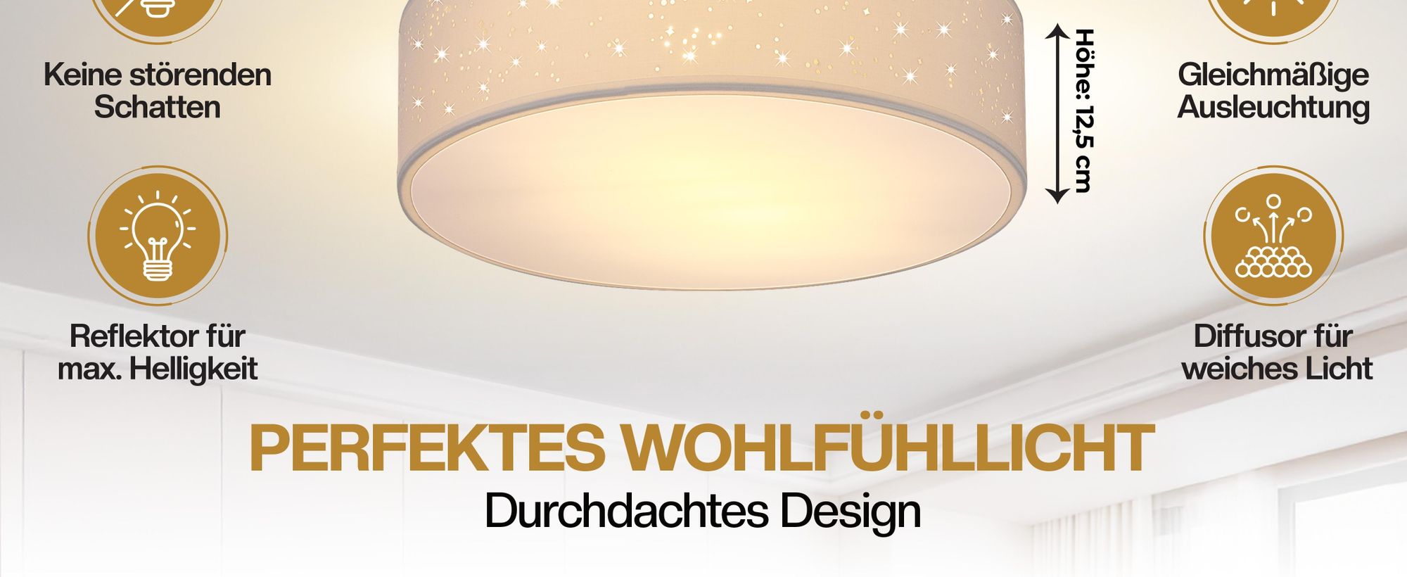 MONZANA® Deckenlampe Sternenhimmel Wohnzimmer Schlafzimmer E27 Weiß Rund 30cm Stoffschirm 1-Flammig 40W Küche Lampe Deckenleuchte Stoffdeckenlampe