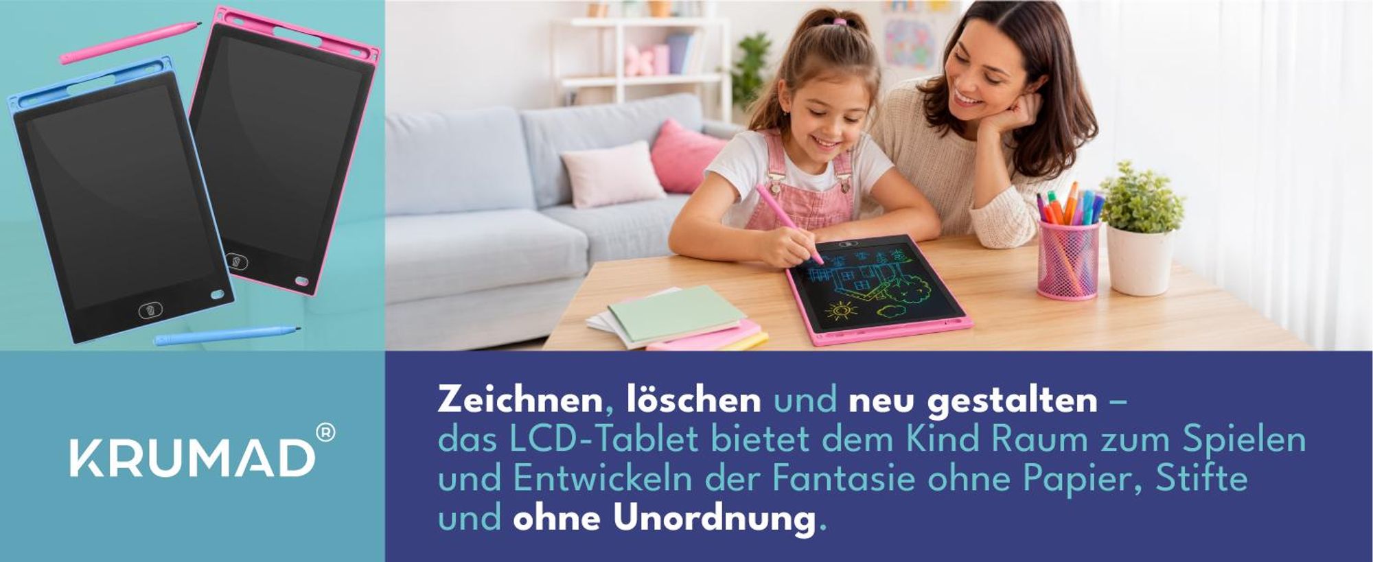 KRUMAD LCD Schreibtafel Kinder 2er Set 8 Zoll, Maltafel mit Stift Blau Rosa, Zeichenbrett Wiederverwendbar für Reisen