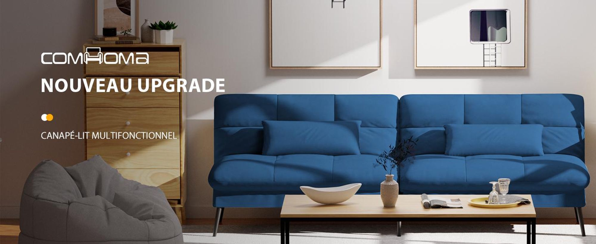 COMHOMA Canapé convertible avec fonction sommeil, housse Futon Canapé pliant, canapé-lit, canapé d'angle, canapé-lit d'appoint, canapé 3 places, avec dossier réglable en tissu, bleu