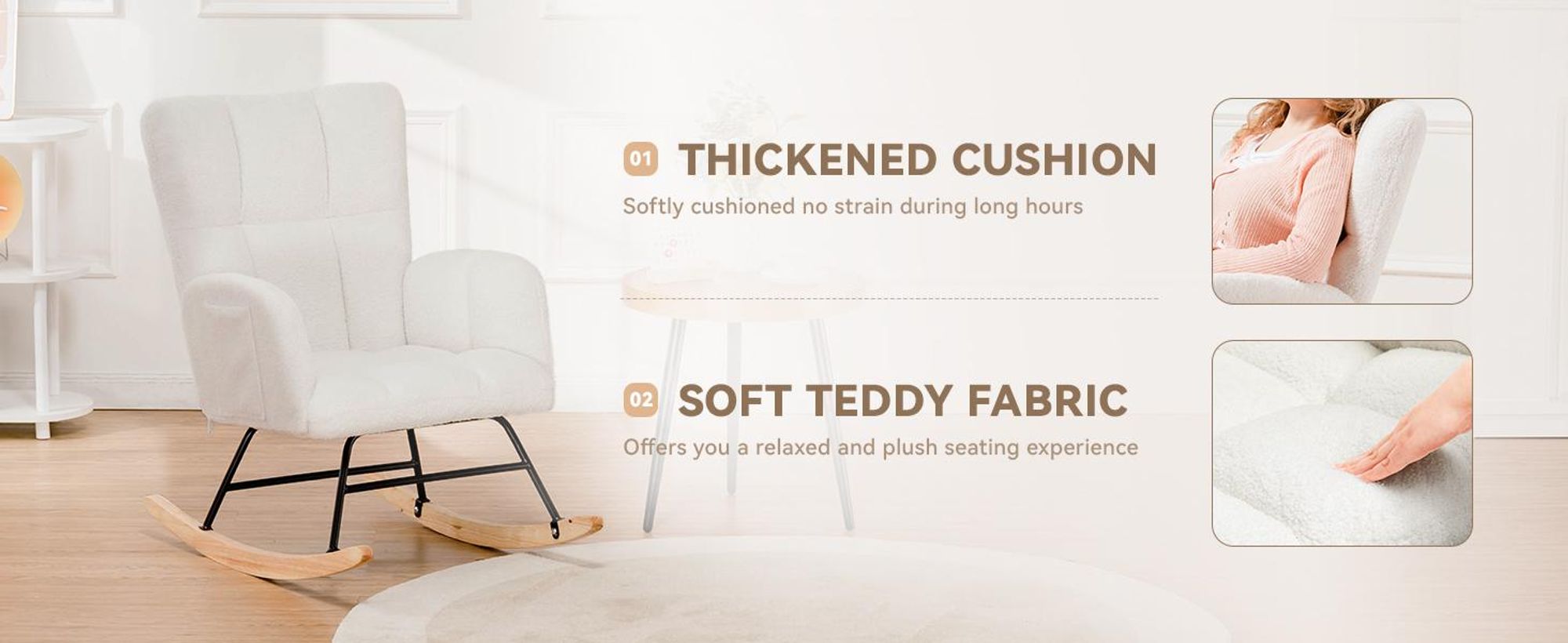 COMHOMA Fauteuil à bascule, fauteuil de relaxation avec accoudoirs, fauteuil à oreilles en peluche Teddy Fauteuil à bascule, supporte jusqu'à 150 kg pour chambre à coucher, salon Blanc