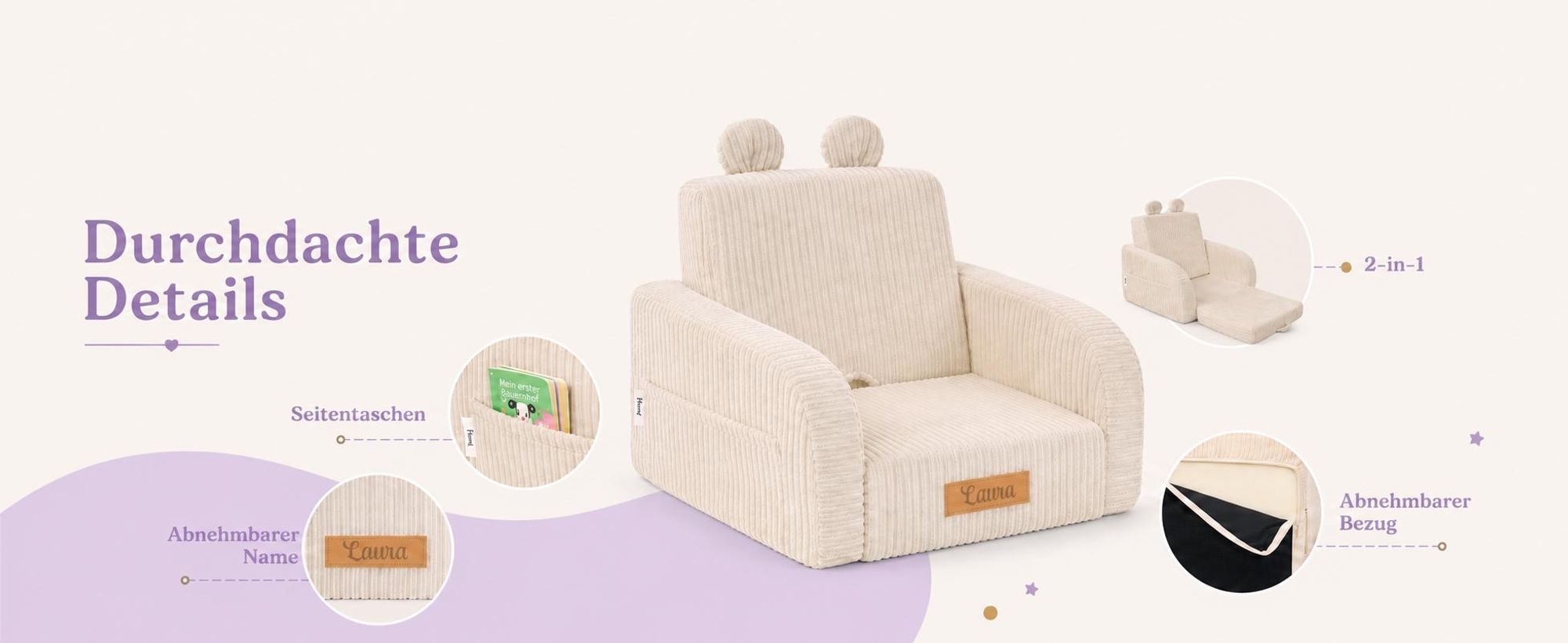 Flumi Kindersessel klappbar Kindersofa mit Liegefunktion und abnehmbarem Bezug