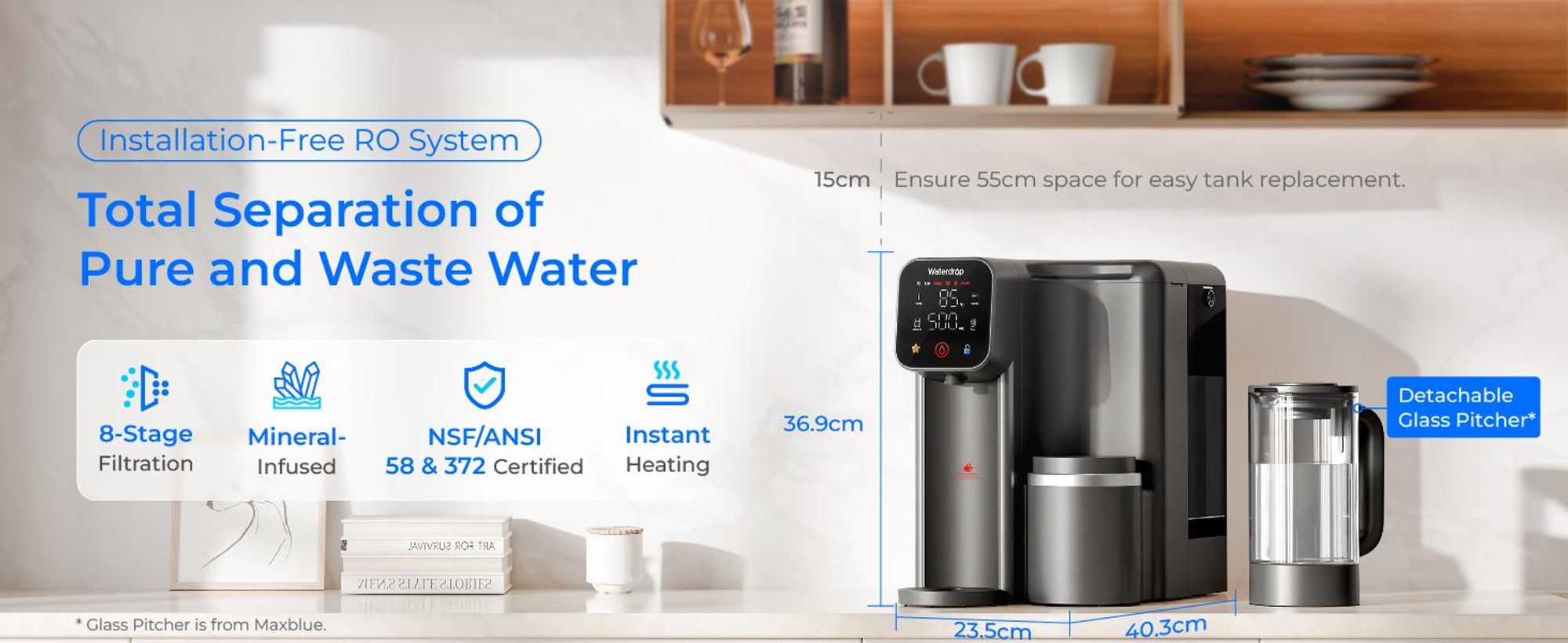 Waterdrop M6HG Sofort-Heißwasser Umkehrosmose System, 8-Stufiger, 3:1 Reinwasser-/Abwasserverhältnis, 5 Temperaturstufen, mit Glaskanne