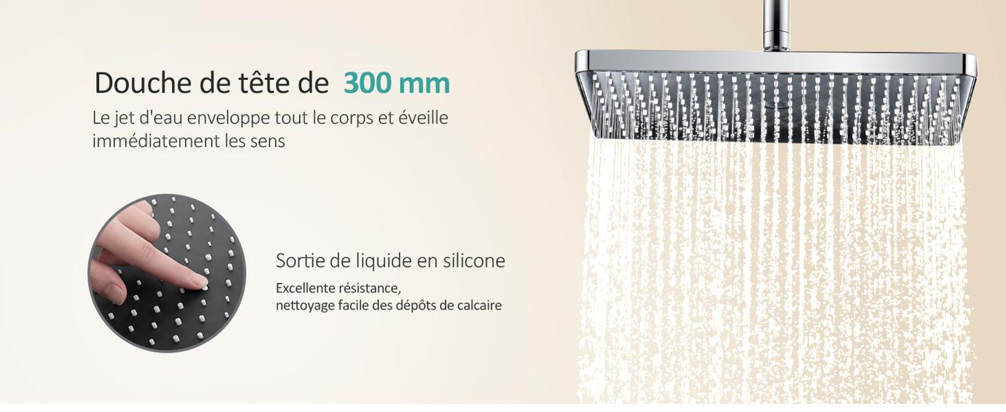 EMKE Système de douche avec thermostat en acier inoxydable Ensemble de douche avec douchette à main 3 fonctions, douche à effet pluie, panneau de douche, robinetterie de salle de bains & douche, KTW, chrome - F08