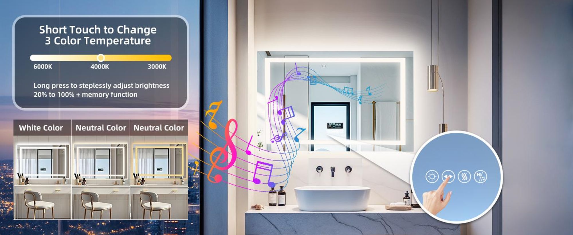 WISFOR LED Badspiegel mit Bluetooth Lautsprecher, 100x70cm Badezimmerspiegel mit Beleuchtung 3 Lichtfarbe, LED Wandspiegel dimmbar beschlagfrei