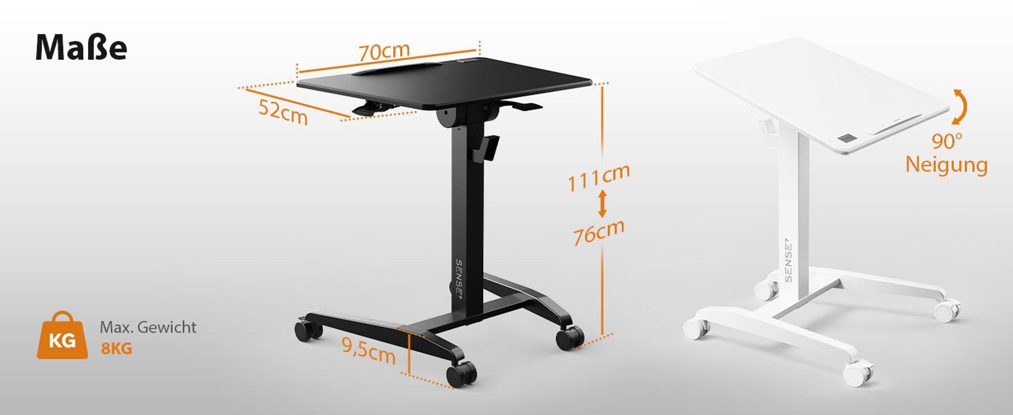 SENSE7 Schreibtisch auf Rollen Mobiler Schreibtisch - Kippbare Tischplatte Höhenverstellbar Große Arbeitsfläche Modern minimalistisch 70x52cm Schwarz