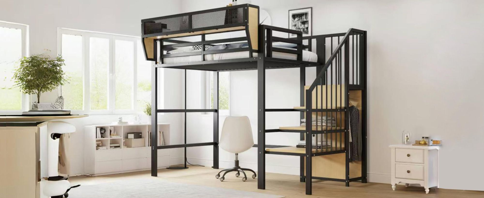 STILVORA Hochbett 90x200 Bettgestell Jugendbett mit Sicherheitsleiter und flexiblem Staufach,Metallbett mit Rausfallschutz(Ohne Matratze)-Schwarz