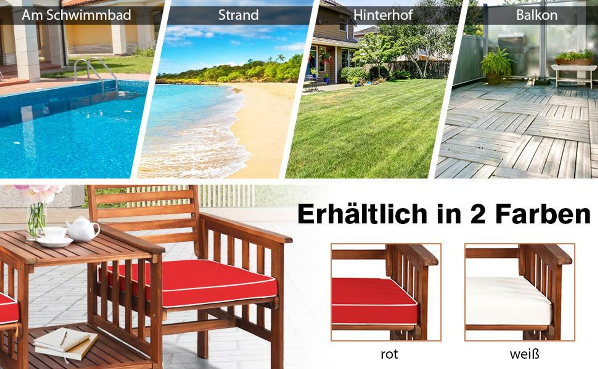COSTWAY Gartenbank mit Tisch, 2-Sitzer Holzbank mit Sitzkissen & Schirmloch, Sitzbank aus Akazienholz bis 350 kg, Terrassenbank, 165 x 65 x 88 cm