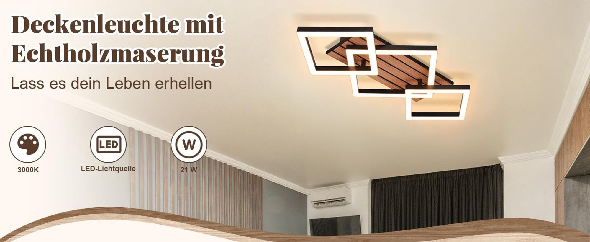 ZMH LED Deckenleuchte 58CM Schlafzimmer Deckenlampe Wohnzimmerlampe 3000K Eckig Wohnzimmer Holzoptik Küchenlampe für Esszimmer Arbeitszimmer Schwarz