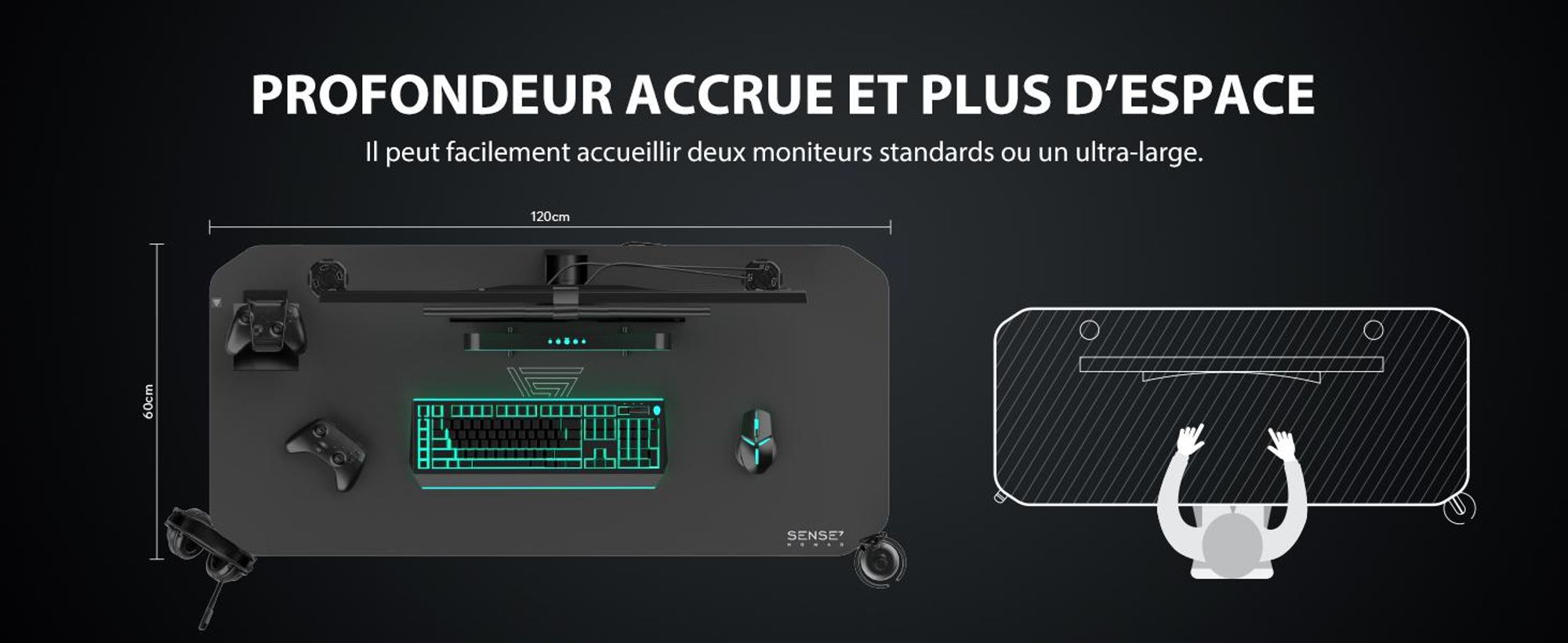 Table de jeu SENSE7 Nomad Classic - Bureau 120 x 60 cm avec tapis de souris XXL - Table d'ordinateur, bureau PC, bureau pour gamers, table pour gamers, gestion des câbles, noir