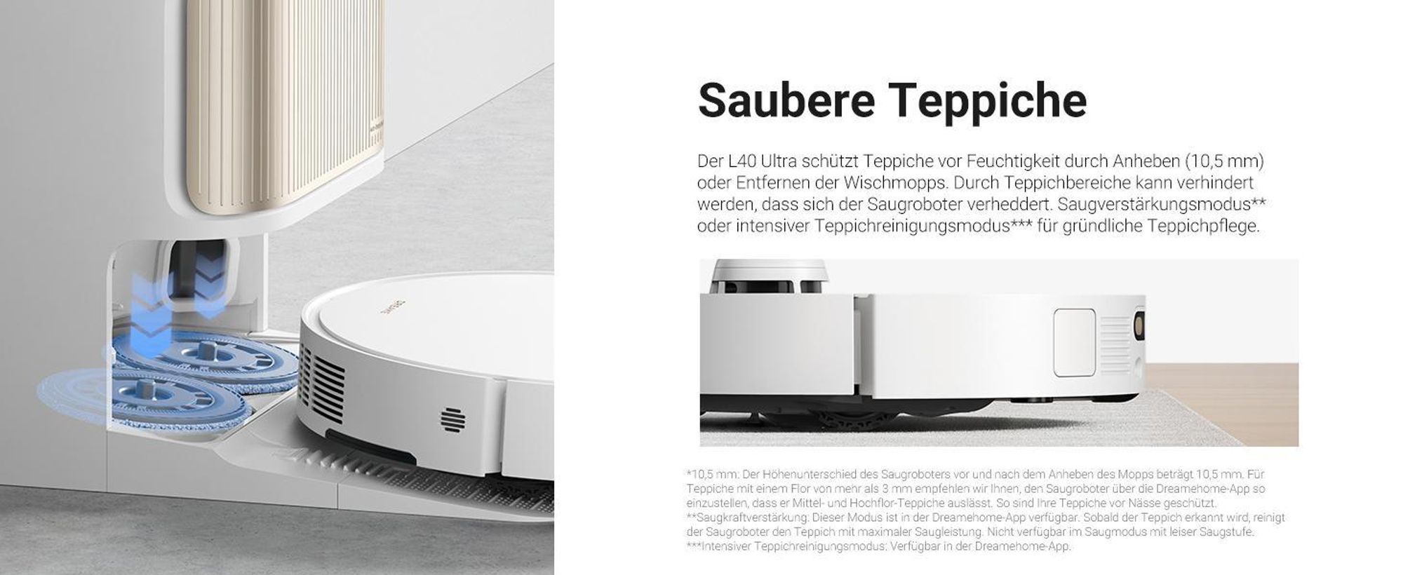 Dreame L40 Ultra Roboter Staubsauger mit Wischfunktion,11KPa Saugleistung,65°C selbstreinigendem,0 tangle Bürste,Obstacle Avoidance,All-in-One-Dock