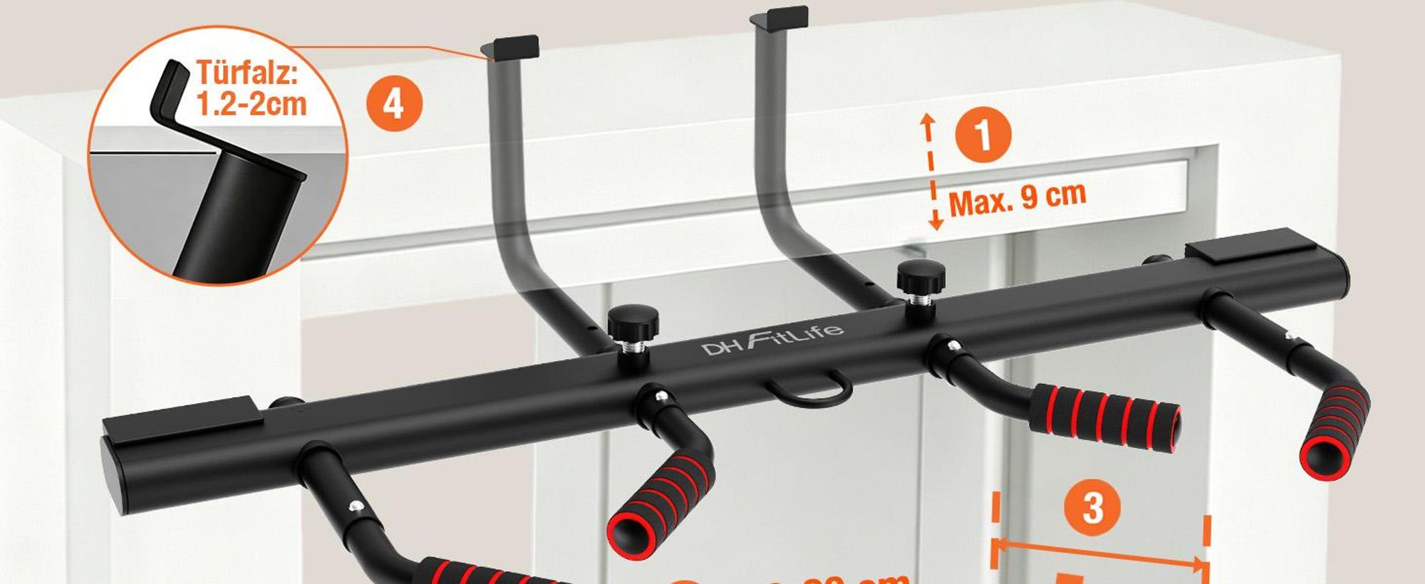 DH FitLife Klimmzugstange für Türrahmen verstellbar bis 200 kg 50–90 cm