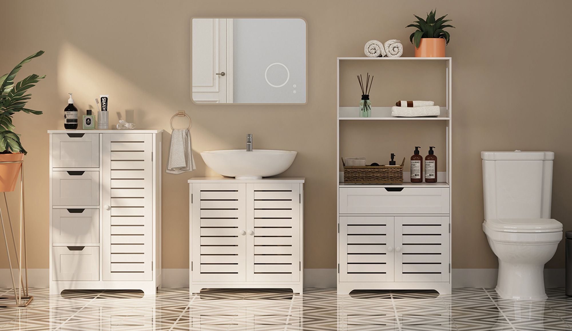 Mondeer Badezimmerschrank Badkommode verstellbare Ablage mit 4 Schubladen 56 x 30 x 82,5cm Sideboard Küchenschrank