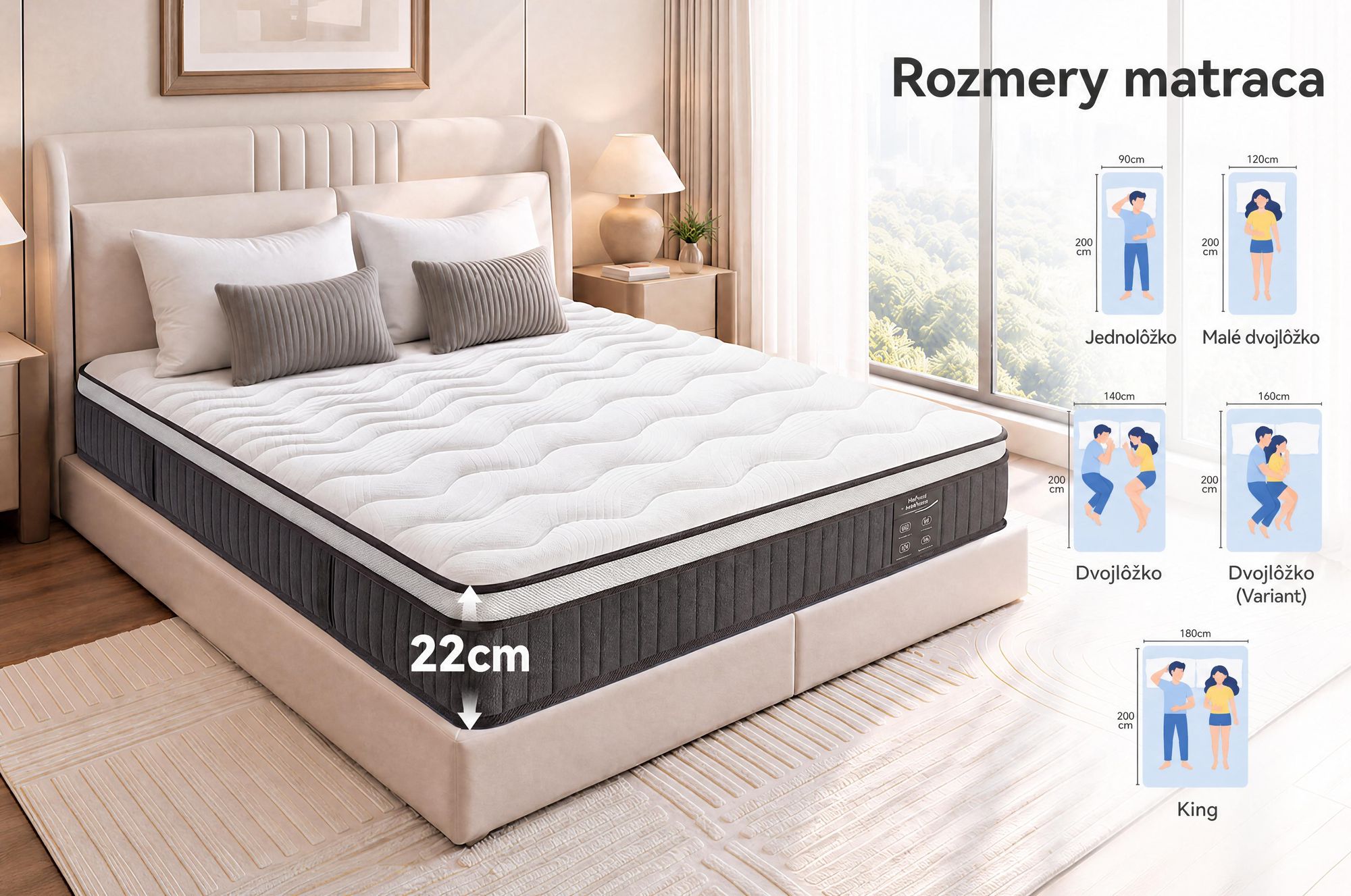 Matrac rozmery 180x200 cm, výška 22 cm. Integrovaná vrchná vrstva. Matrac s 7 zónami a pružinami v poťahu. Pevnosť H3/H4