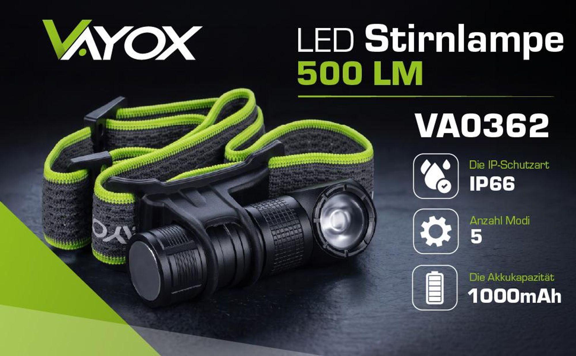 Vayox LED Stirnlampe VA0362 Explorer Pro Series | 500lm | SST20 10W + 2xSMD | IP66 | 5 Modi | USB-C | Schwarz